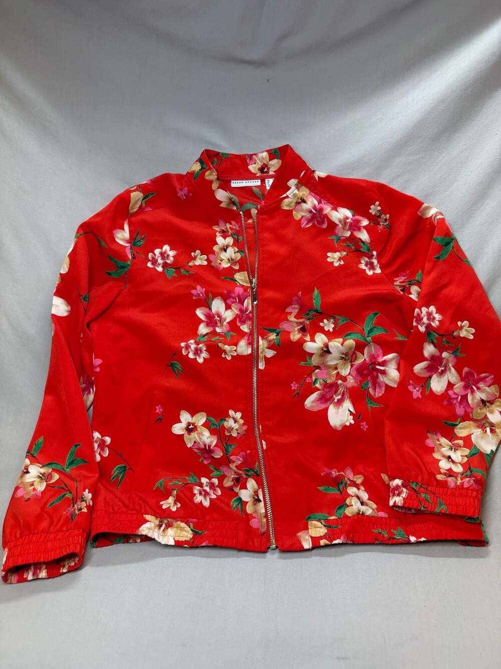 Susan Graver Floral Zip-Up Bomber Jacket Red Size M